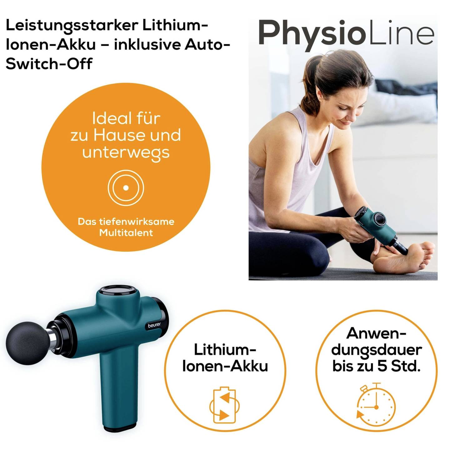 Beurer Compact Massage Gun - 5 Speeds, 4 Attachments