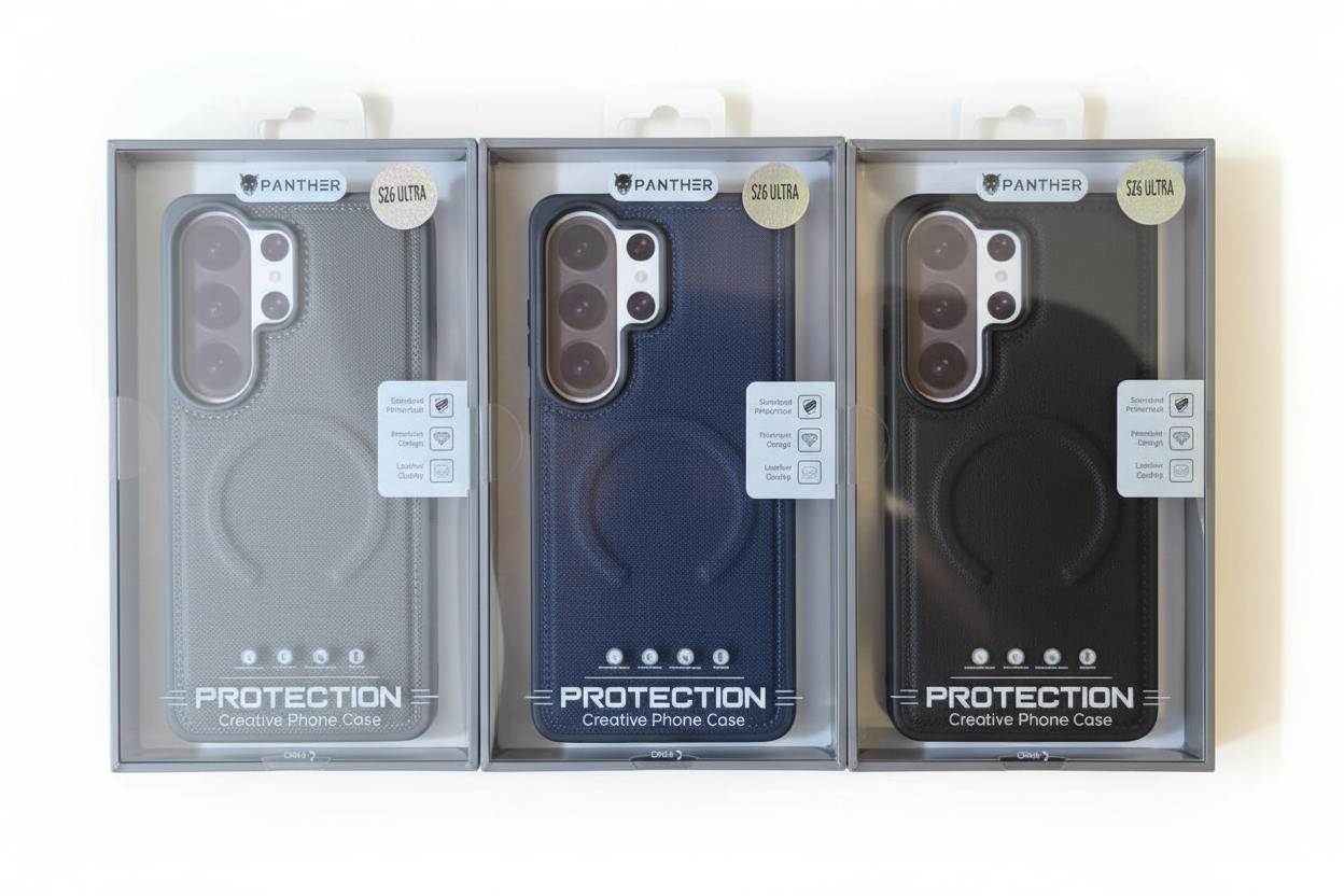 Panther Protection Creative Phone Cases - Gray, Navy Blue, and Black variants with camera lens protection