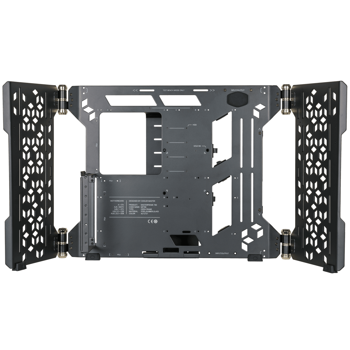 هيكل Cooler Master MasterFrame 700 Full Tower المصنوع من الزجاج المقسّى، وضع اختبار الطاولة، تصميم الهواء الطلق، هيكل كمبيوتر مدمج بحامل VESA