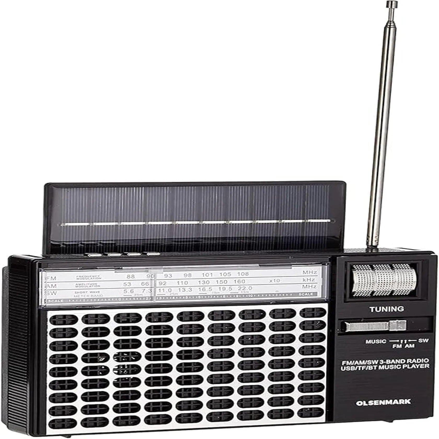 Olsenmark OMR1276 Portable Rechargeable Retro Radio with Bluetooth, USB, TF & Karaoke – 3-Band | Solar Charging | Black