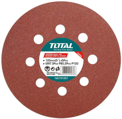 TOTAL 5PCs Sanding Sheet For Random Orbit Sander 125mm - 5" | 3PCs P80, 2PCs P120 (TAC731251)