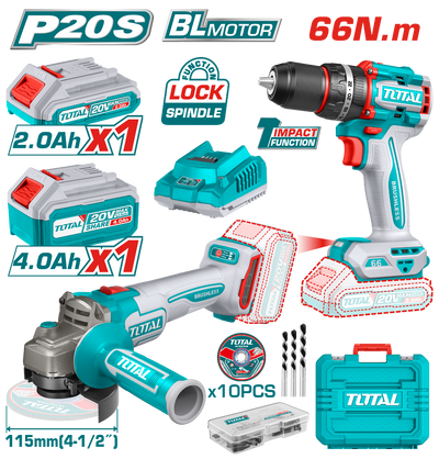 TOTAL 20V Cordless 2-in-1 Combo Kit - Impact Drill & Grinder