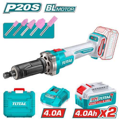 TOTAL 20V Brushless Cordless Die Grinder Kit with 2 Batteries - TDGLI20012