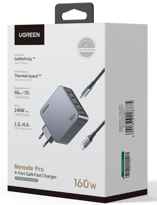 UGREEN USB-A+3*USB-C 160W GaN Tech Fast Charger EU Grey + 1M 100W cable - 25877