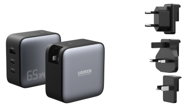 UGREEN USB-A+2*USB-C 65W GaN Tech Worldwide Travel Fast Charger Interchangeable UK/US/EU Plugs - 90409