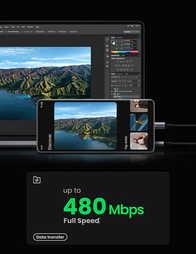 كابل يو إس بي-سي 3 أمبير للشحن السريع من يوجرين، مصنوع من النايلون المضفر