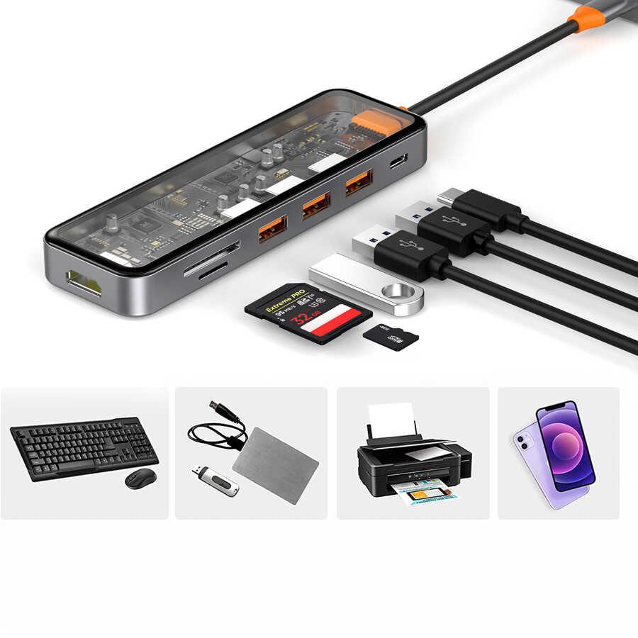 Wiwu Cyber 7 in 1 Type-C Hub 100W Charging Support Transparent Appearance SD Card-Hdmi-Usb Duplicator