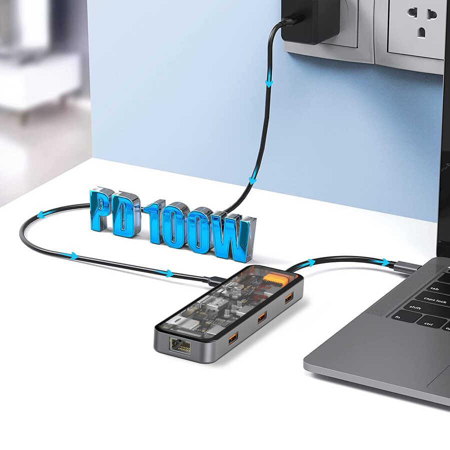 Wiwu Cyber 8 in 1 Type-C Hub 100W Charging Support Transparent Appearance SD Card-RJ45-Hdmi-Usb Duplicator