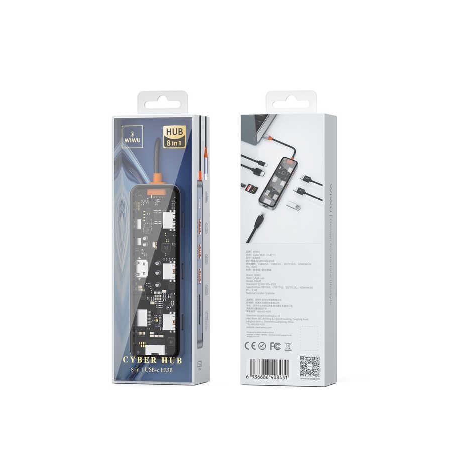 Wiwu Cyber 8 in 1 Type-C Hub 100W Charging Support Transparent Appearance SD Card-RJ45-Hdmi-Usb Duplicator