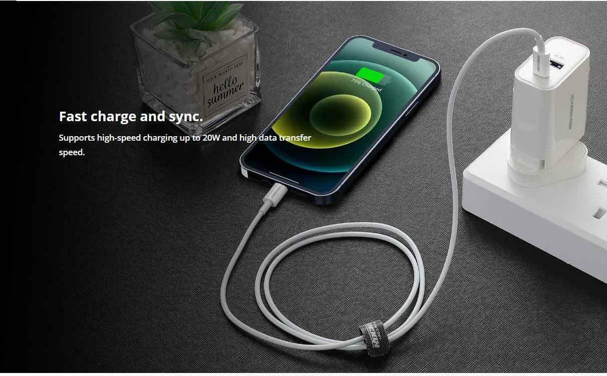 كابل روك روز يو إس بي سي إلى لايتينج 18 وات شحن سريع 1 متر - أبيض