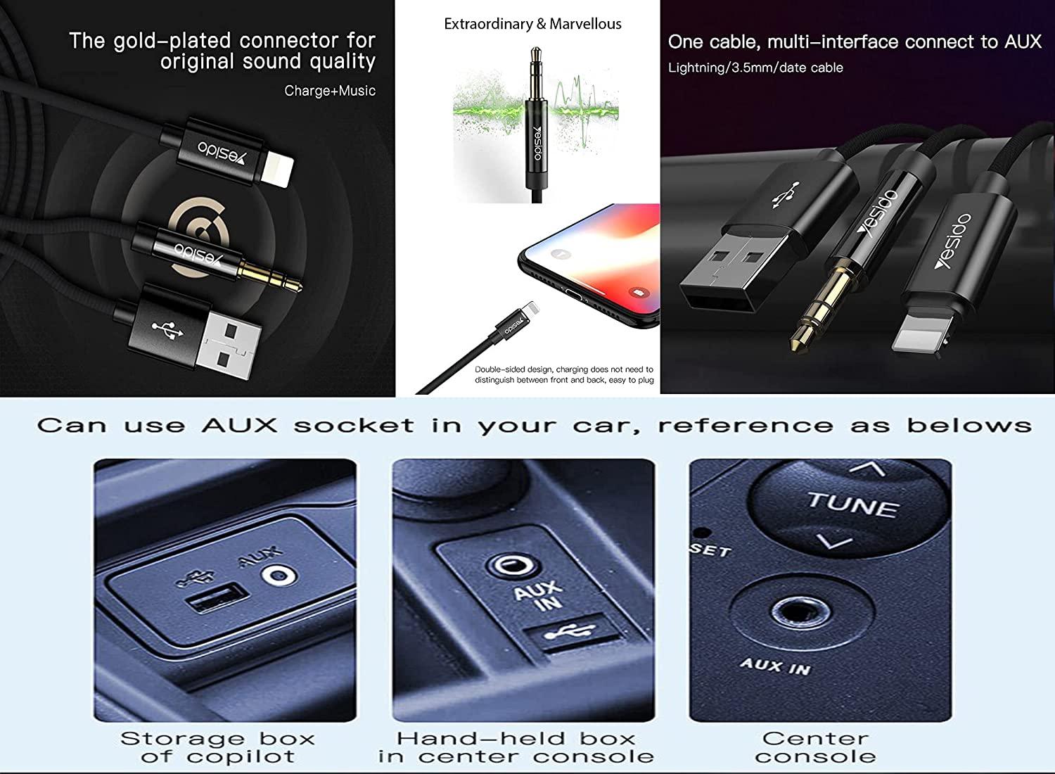 YESIDO AUX Lightning to 3.5MM Adapter Charging & Listening - Black