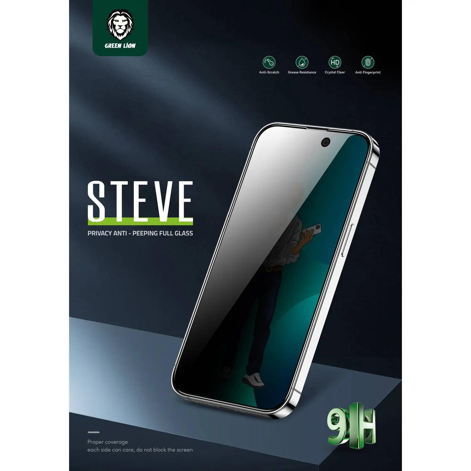 واقي شاشة زجاجي كامل من ستيف 9H باللون الأخضر لهاتف iPhone 14 Pro Max (6.7) - أسود