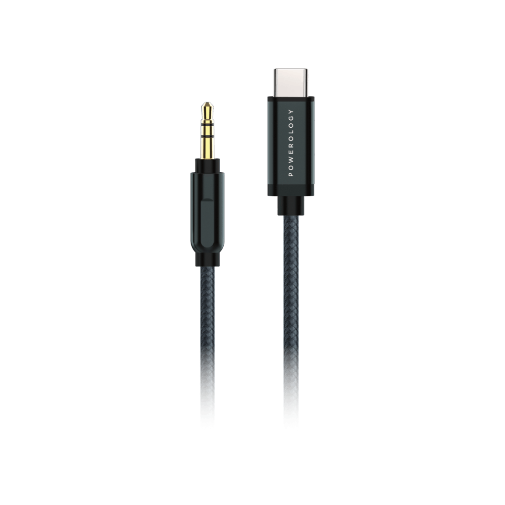 كابل USB-C إلى AUX مقاس 3.5 مم مضفر من الألومنيوم من Powerology بطول 1.2 متر/4 قدم - رمادي