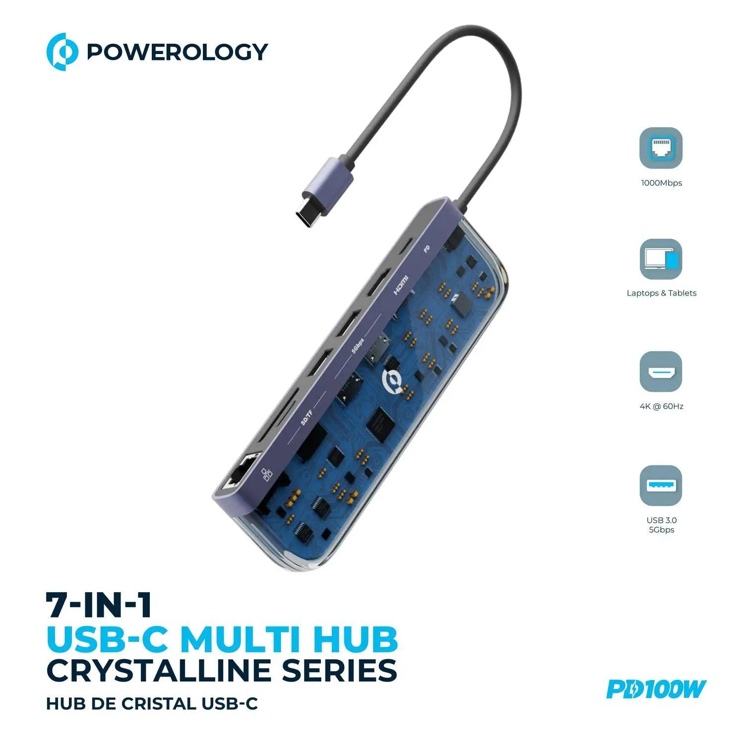 موزع متعدد USB-C 7 في 1 من Powerology Crystalline Series PD 100W - شفاف