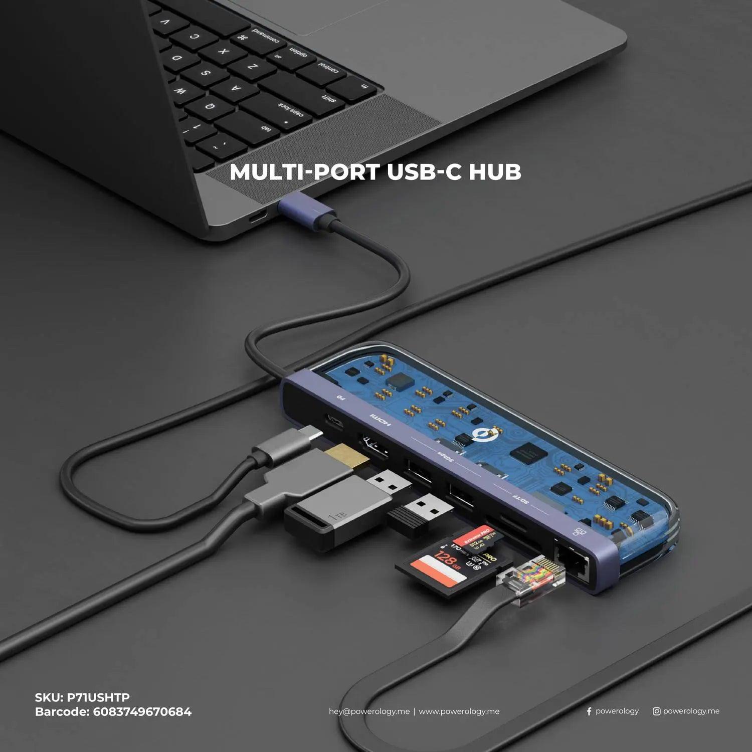 موزع متعدد USB-C 7 في 1 من Powerology Crystalline Series PD 100W - شفاف