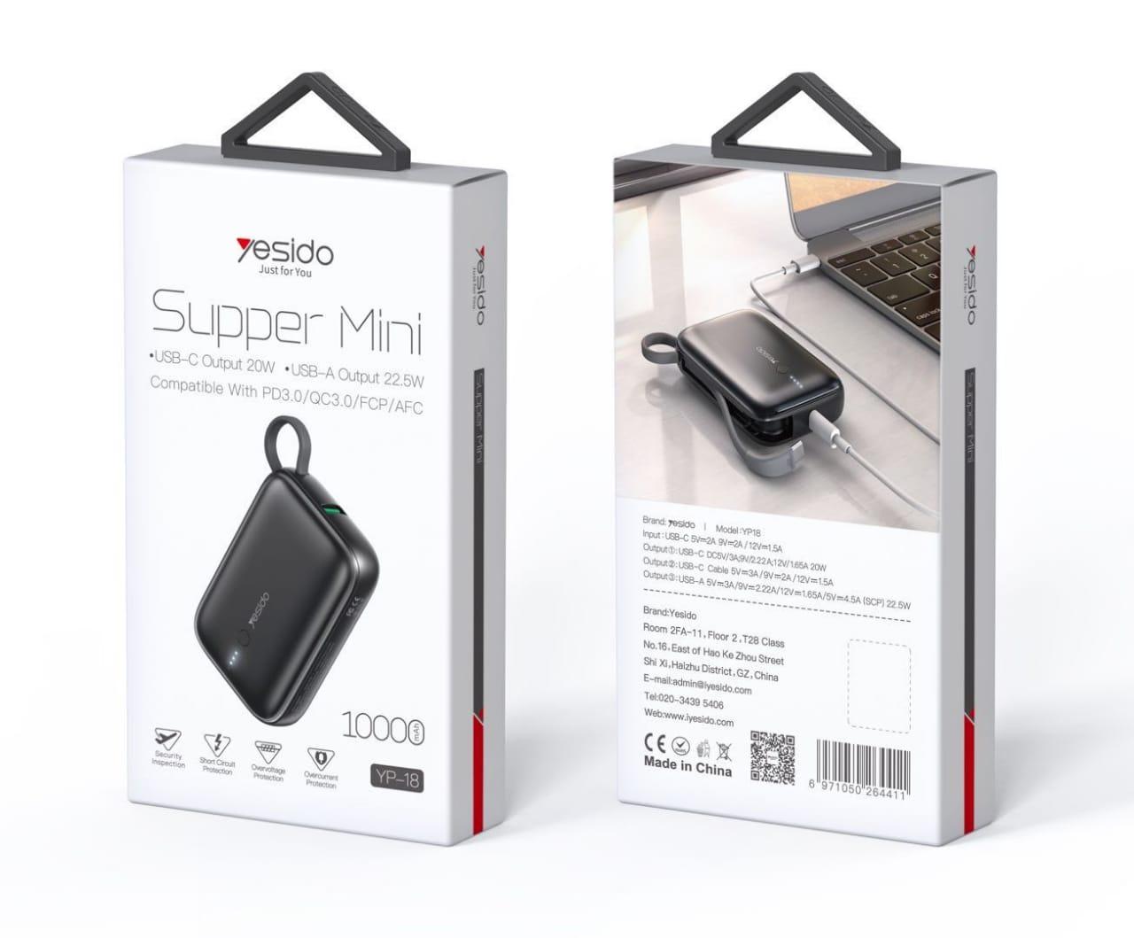 باور بانك YESIDO 10000 مللي أمبير في الساعة Super Mini PD-Dual Way 22.5W Type-C – YP18