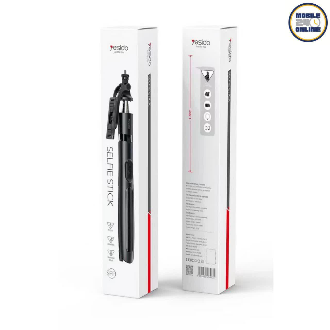 YESIDO SF13 Selfie Stick with Bluetooth Remote & 360° Rotation - Black