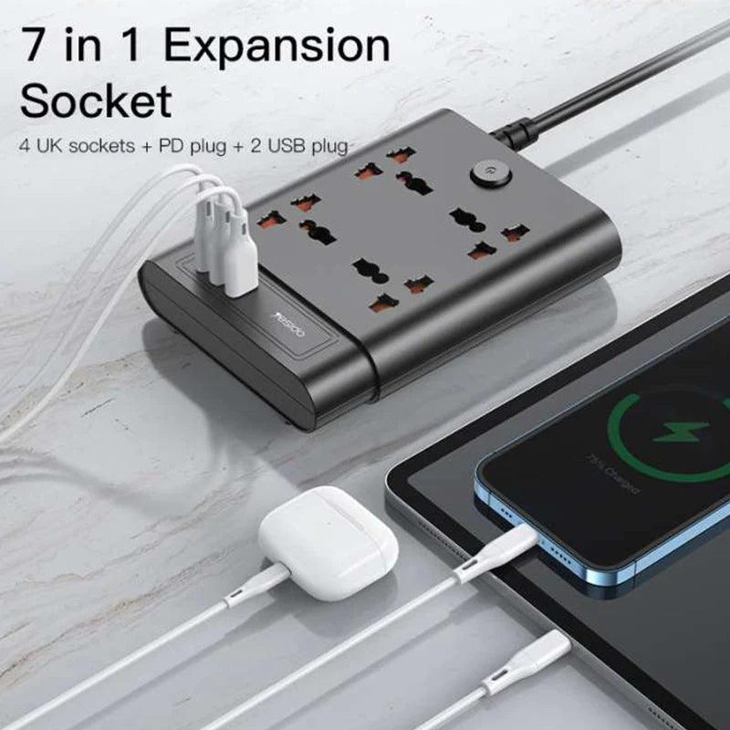 Yesido MC11 Power Socket 7 Ports 2650W & Fast Charging - Black