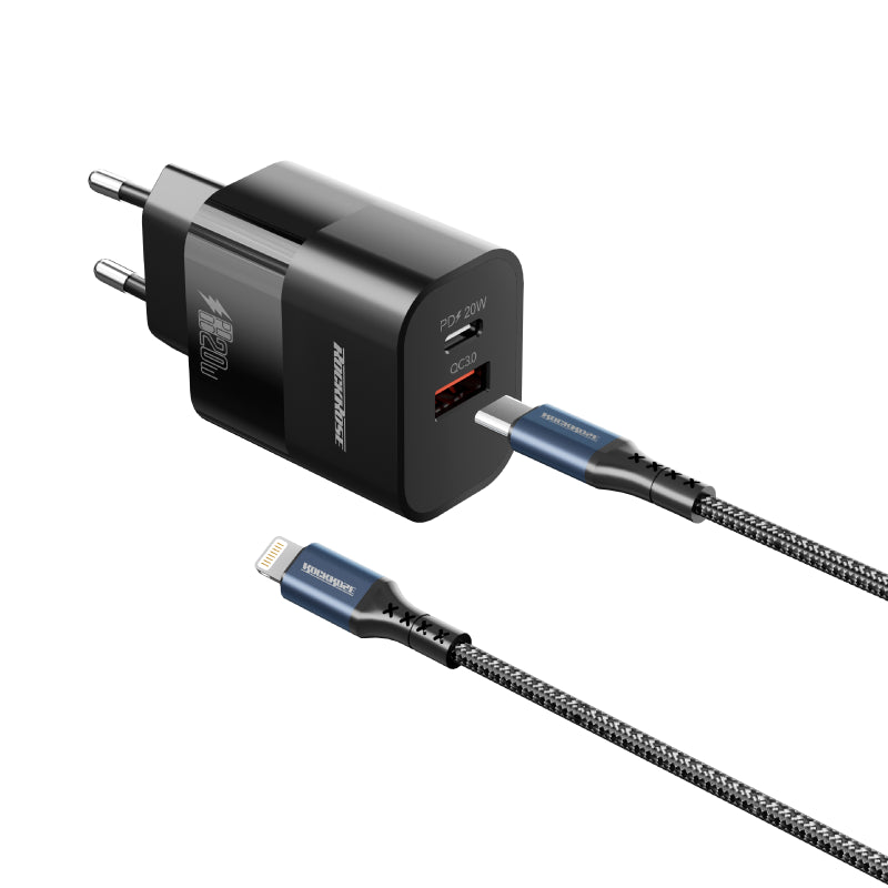 RockRose Eclipse GII Combo 20W PD & QC 3.0 2-Port Power Adapter with USB-C to Lightning Cable