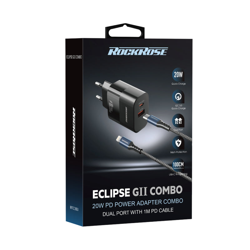 RockRose Eclipse GII Combo 20W PD & QC 3.0 2-Port Power Adapter with USB-C to Lightning Cable