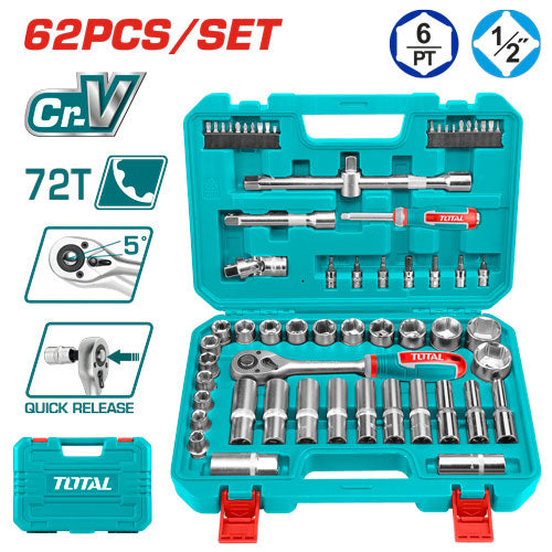 1/2 Inch Socket Set | 62-Piece by Total (THT121602) - كارت Cart - JoCell جوسيل 