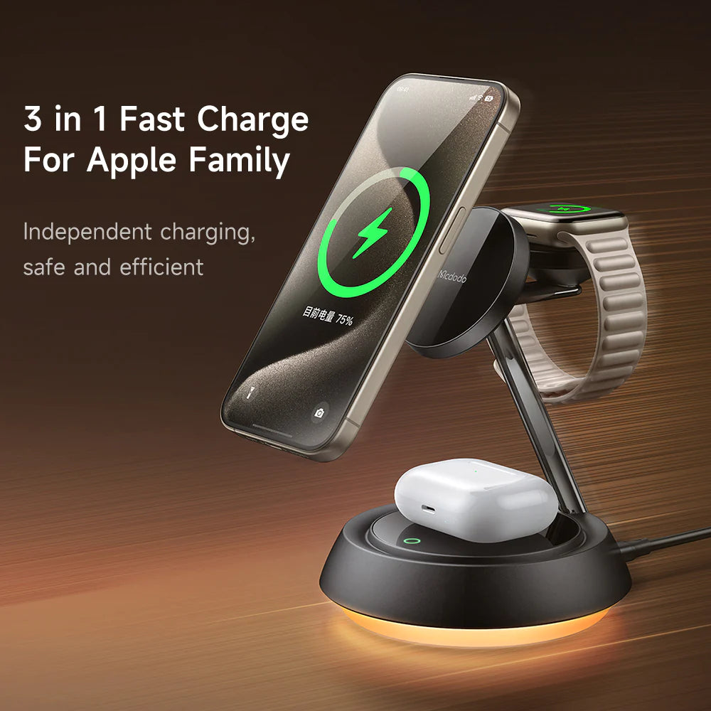 McDodo 3 in 1 15W Magnetic Wireless Charging Station with Night Light - Black