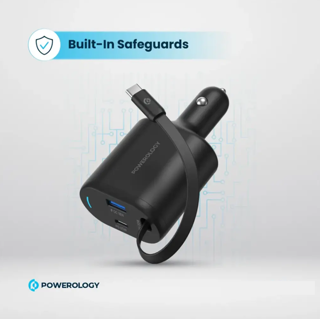 شاحن سيارة Powerology مزدوج المنافذ 65W مع كابل قابل للسحب - أسود