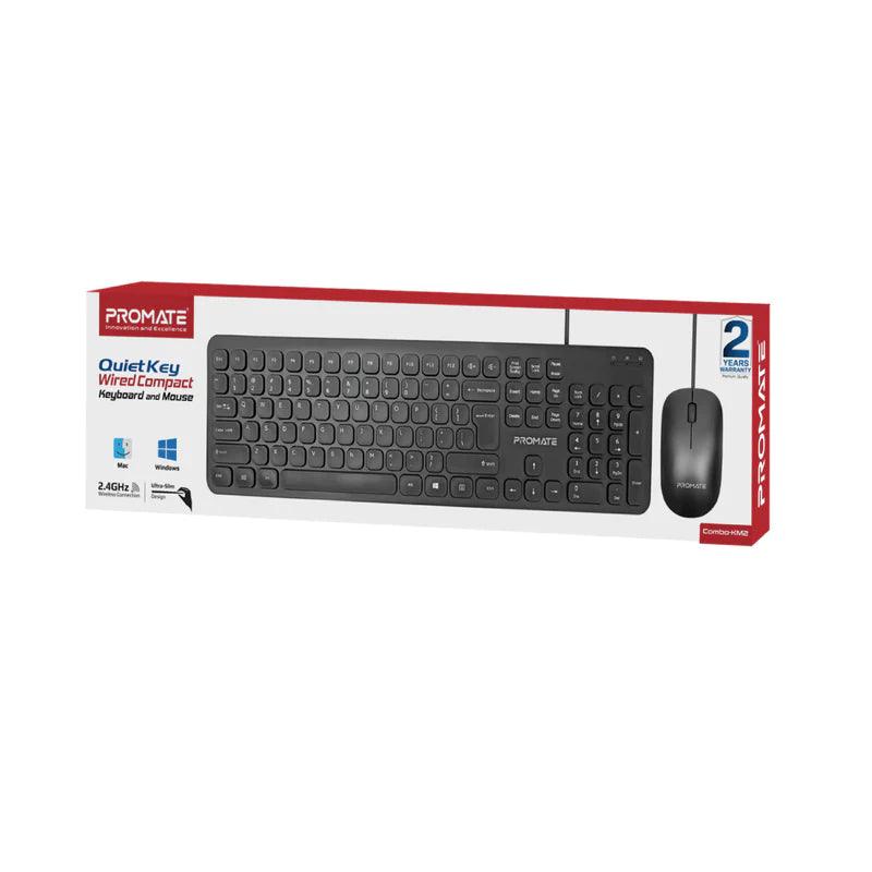 PROMATE Combo KM2 Wired Keyboard & Mouse Quiet & Ergonomic Design - Black