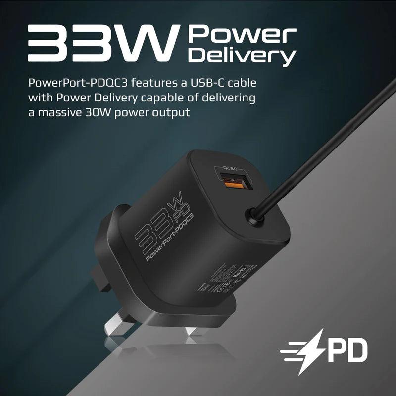 PROMATE PowerPort PDQC3 33W Super Speed Wall Charger - Black & White