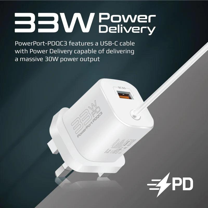 PROMATE PowerPort PDQC3 33W Super Speed Wall Charger - Black & White