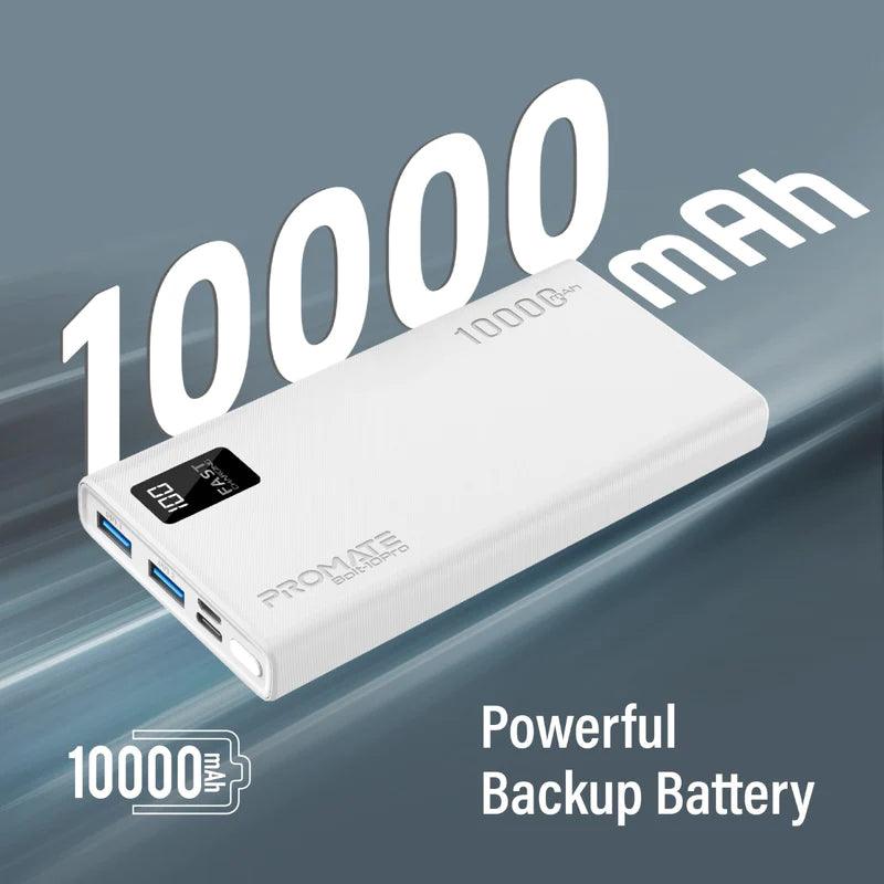 PROMATE Bolt 10Pro 10000mAh Smart Power Bank with USB C & Dual USB - Black & White