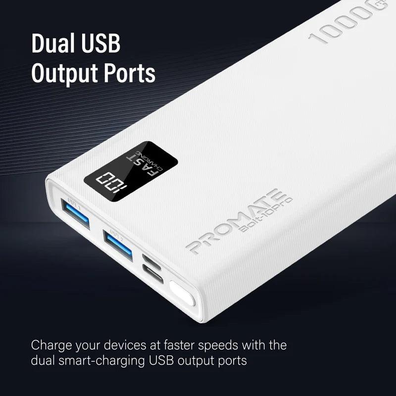 PROMATE Bolt 10Pro 10000mAh Smart Power Bank with USB C & Dual USB - Black & White