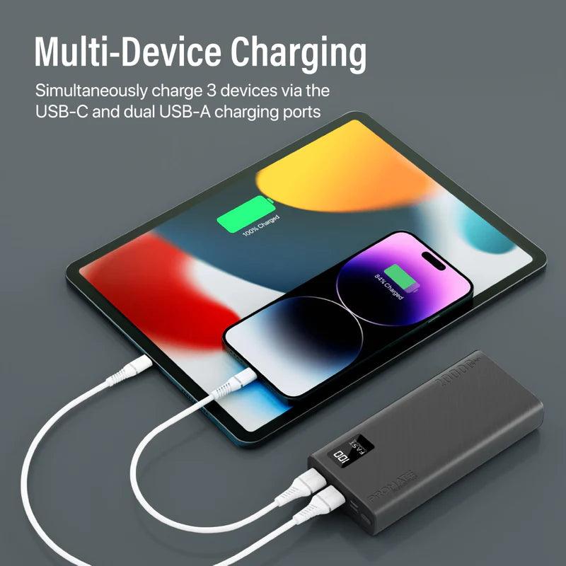 PROMATE Bolt 20Pro 20000mAh Power Bank with Smart Dual USB Charging - Black