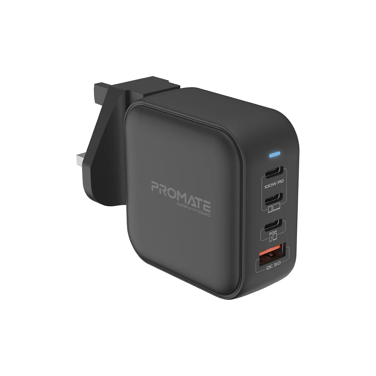 Promate GaNPort4-100PD Super-Fast 100W Dual USB-C Power Delivery Wall Charger