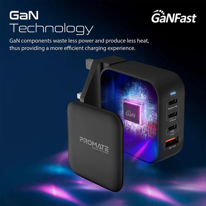 PROMATE GaNPort4 100PD 100W GaN Charger with 4 Ports - Black