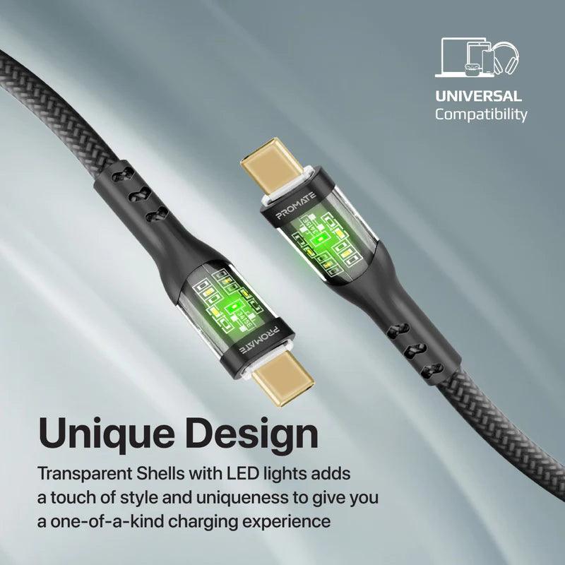 PROMATE TransLine CC 60W Ultra Fast USB C Charging Cable - Black & White