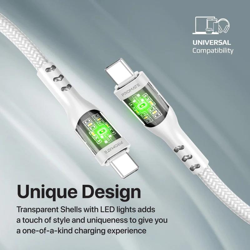 PROMATE TransLine CC 60W Ultra Fast USB C Charging Cable - Black & White