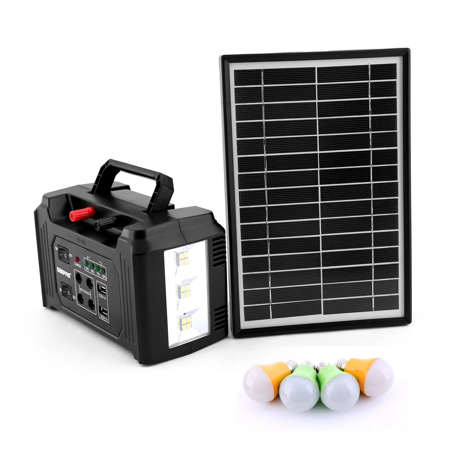 Geepas GPS5593N Power Caster | Solar Panel | 2 High Power LED Lights | 4 LED with 5M Cable | Dual USB Charging Ports | Battery Indicator
