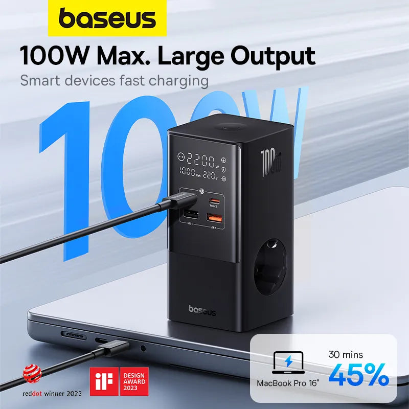 Baseus PowerCombo Tower Power Strip - 100W Multi-Port Charger