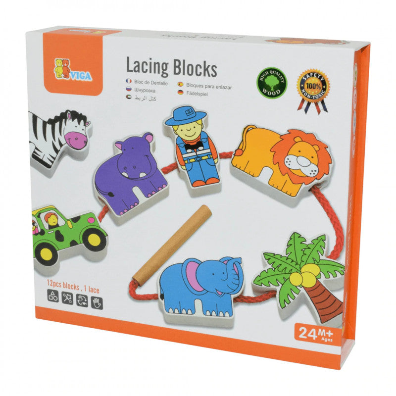 VIGA Wooden Lacing Blocks - Zoo Design (12 Pieces)