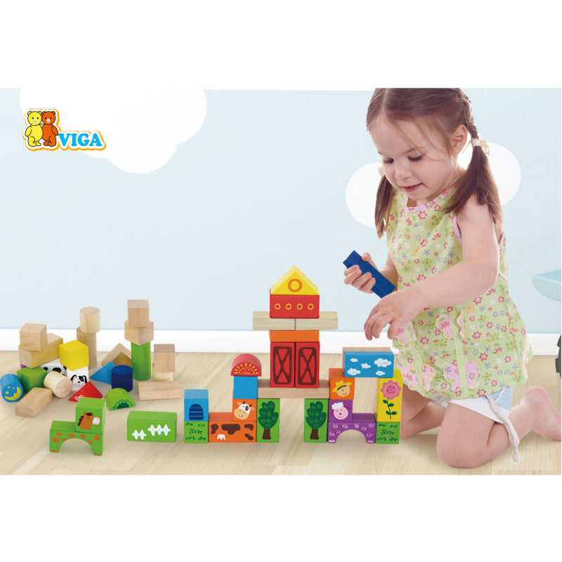 VIGA Wooden Blocks Farm Design - 50-Piece Set