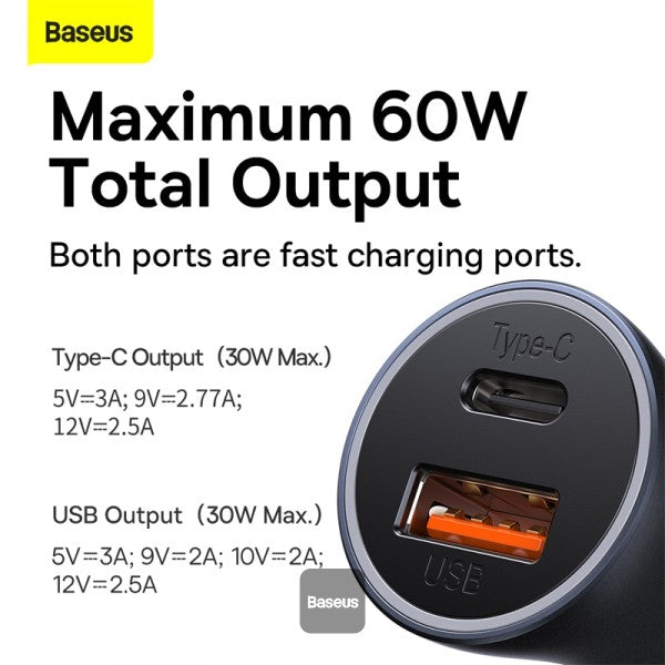 Baseus Golden Contactor Max 60W Fast Car Charger USB + USB-C