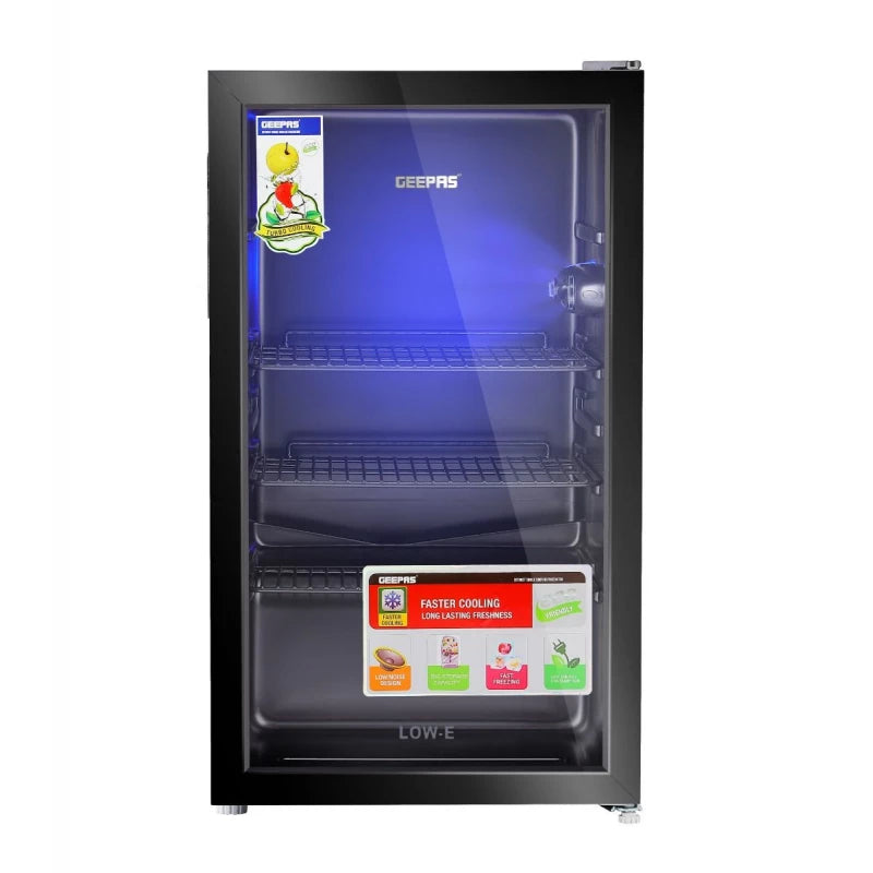 Geepas GSC1223 120L Showcase Chiller – Low-E Double Glass Door, LED Light, Quick Cooling | Black
