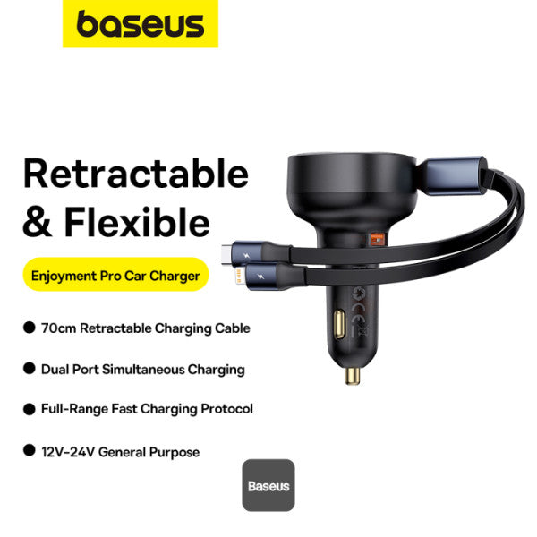 Baseus Enjoyment Pro Car Charger U+Retractable C & iP Cable 60W Cluster