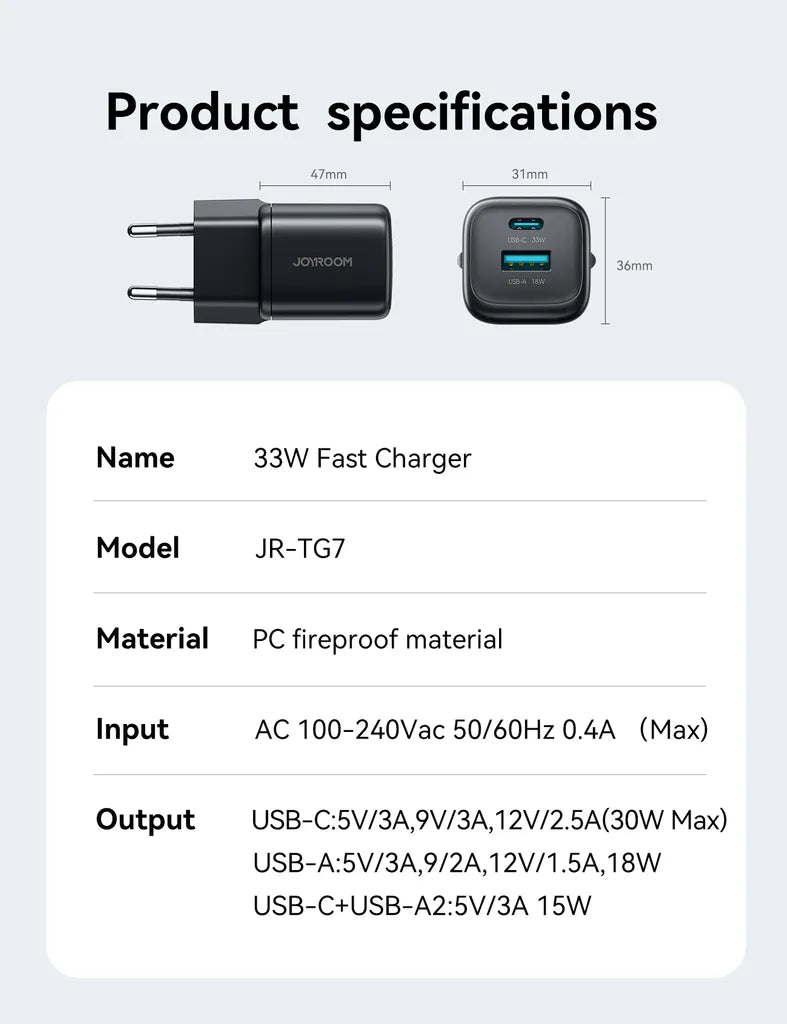 Joyroom JR-TG7 33W Dual Port Fast Charger with USB-C Cable - Black