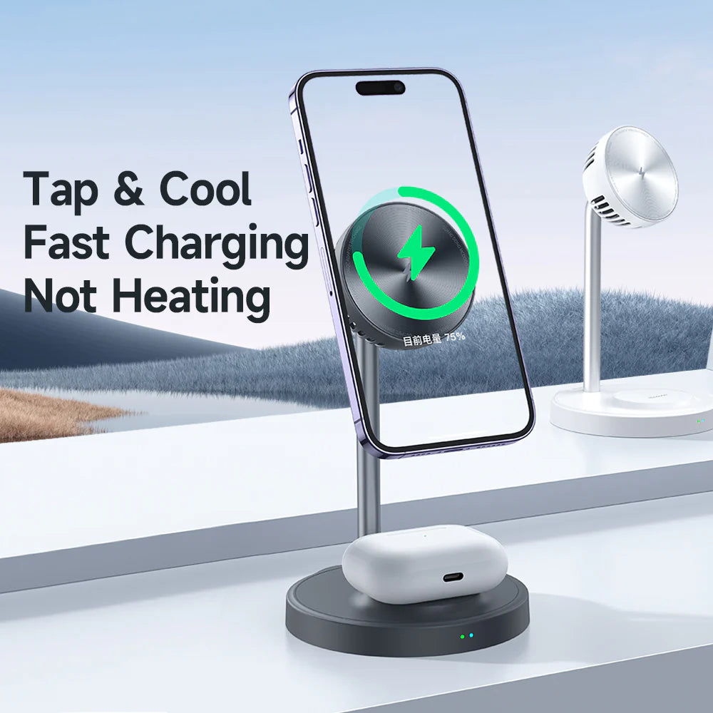 Mcdodo 2 in 1 Magnetic Wireless Charger with Cooling Fan - White & Grey