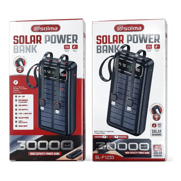 Solar Power Bank 30000mAh with LED Flashlight - Portable Charger