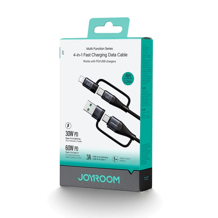 Joyroom 60W 4 in 1 Fast Charging Cable USB A & Type C to Lightning & Type C - Black