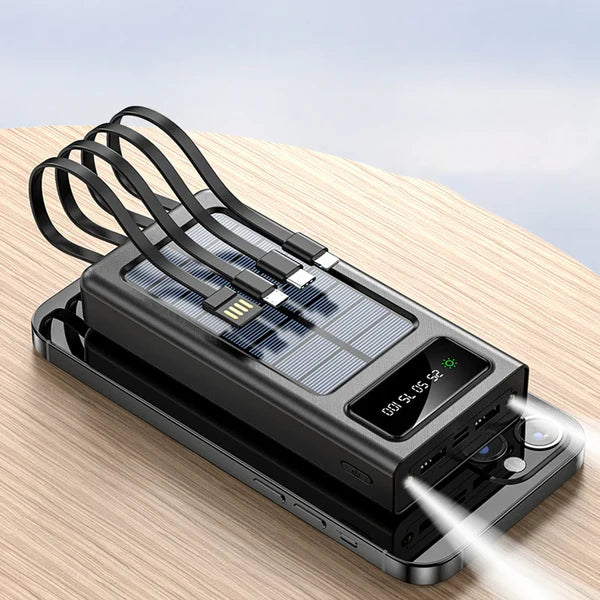 Solar Power Bank 10000mAh with LED Light and Built-in Cables