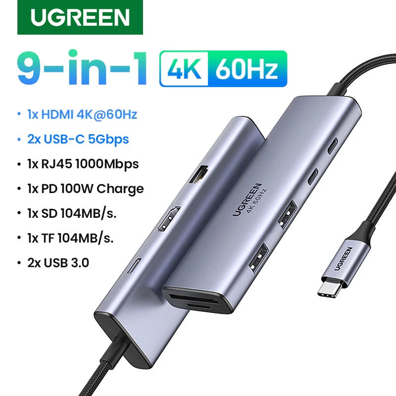 UGREEN محول USB-C 9 في 1 بدقة 4K 60Hz وشحن PD سريع

